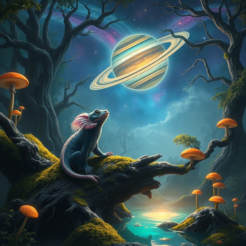 Surreal Axolotl Contemplates Ringed Saturn in Enchanted Fore...