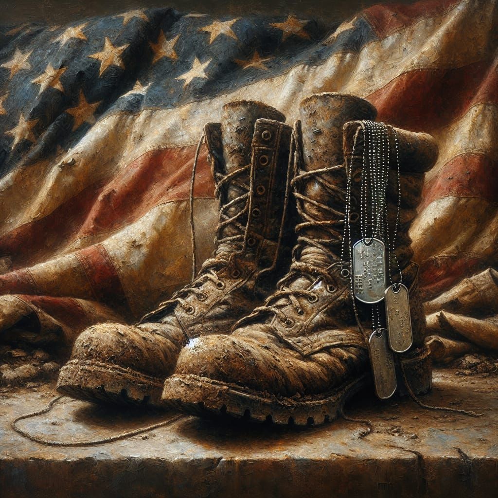 Military Boots and US Flag: Oil Painting