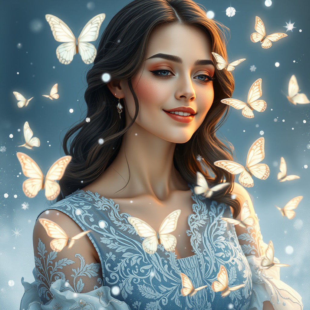 Woman Creates Butterflies in Snow, Art Nouveau Style