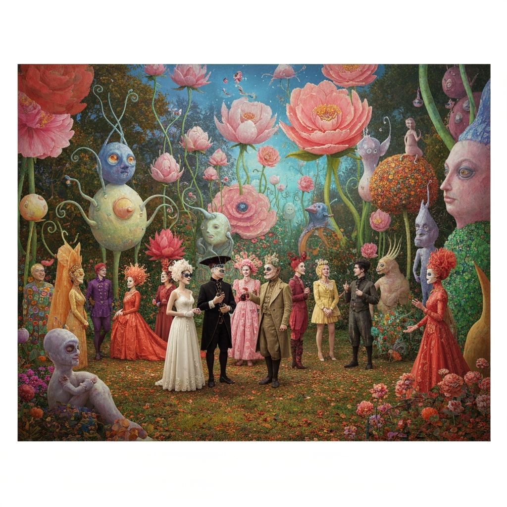 Surreal Garden Party with Bioluminescent Flora in Fantasy St...