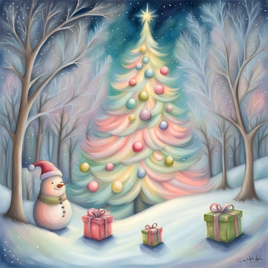 Whimsical Christmas Scene in Soft Pastels