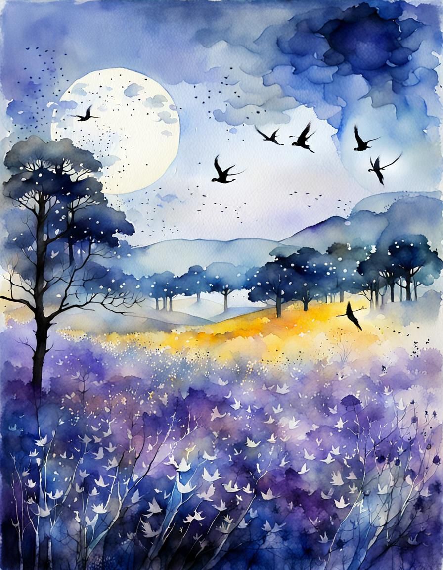 Blue Forest Moonscape in Watercolour Art Brut Style