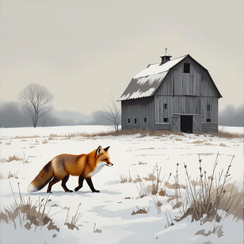 Solitary Fox Walks Through Snowy Field Towards Old Barn