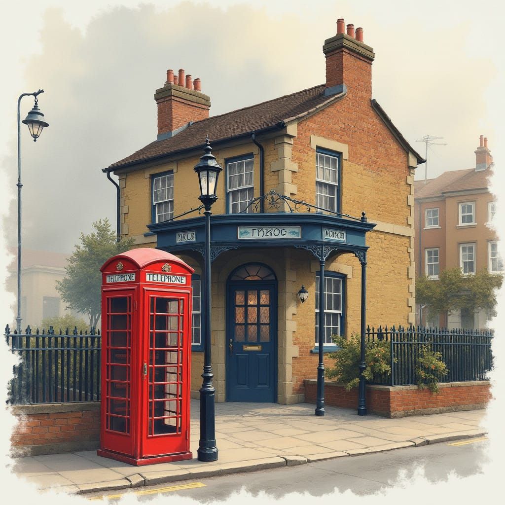 A Classic British Police Station in Nostalgic Watercolor Sty...