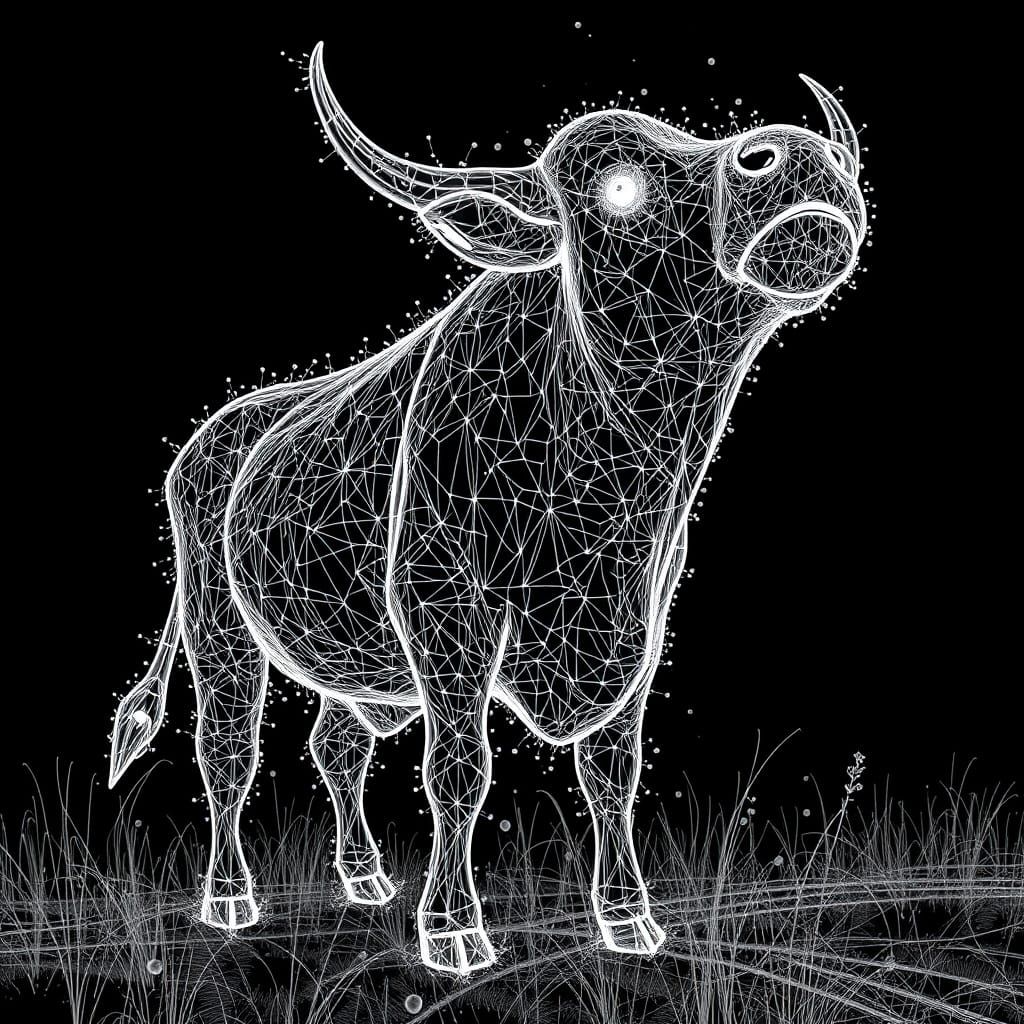 Surreal Wireframe Artwork: Enigmatic Cow Landscape