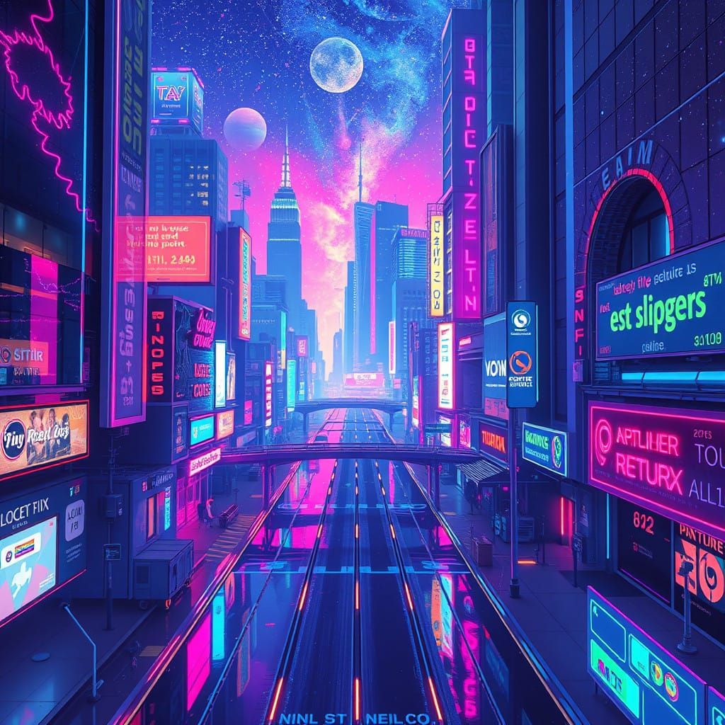 Neon Cosmic Holographic Cityscape in Distorted Vaporwave