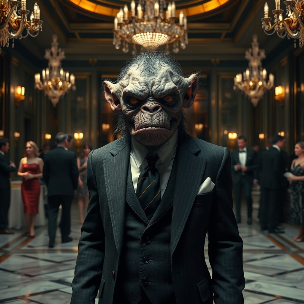 Hyperrealistic Hairy Monster at Cocktail Party