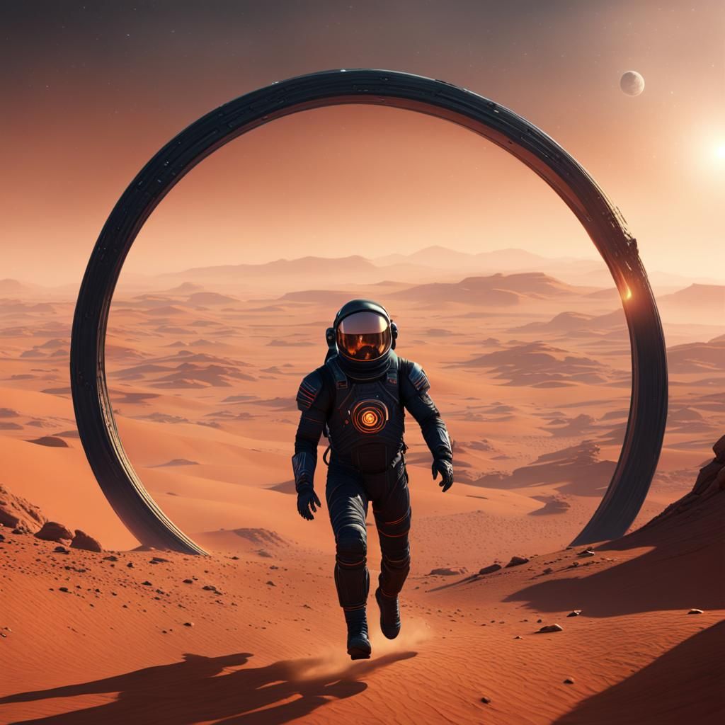 Astronaut Running Through Rings on Mars: Matte Painting