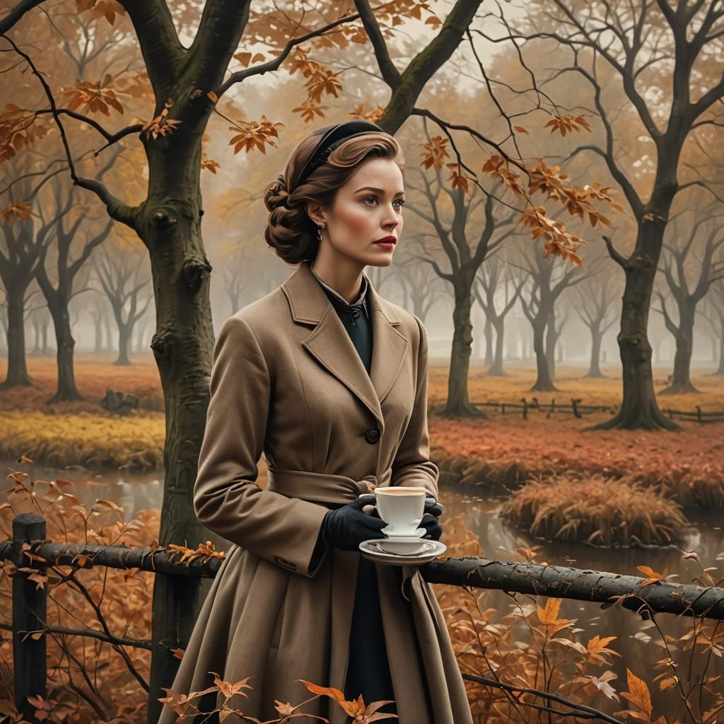 Elegant Woman Walks Through Autumn Landscape