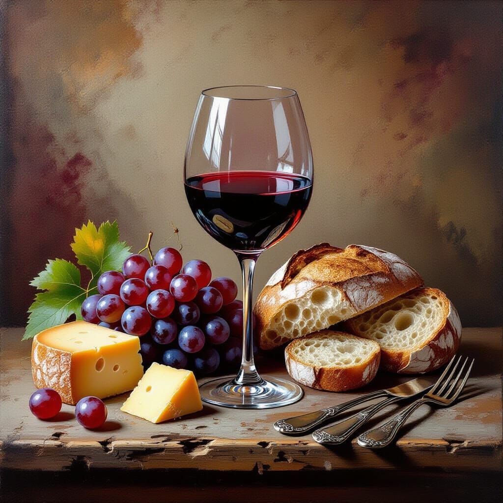 Rustic Still Life with Wine and Cheese