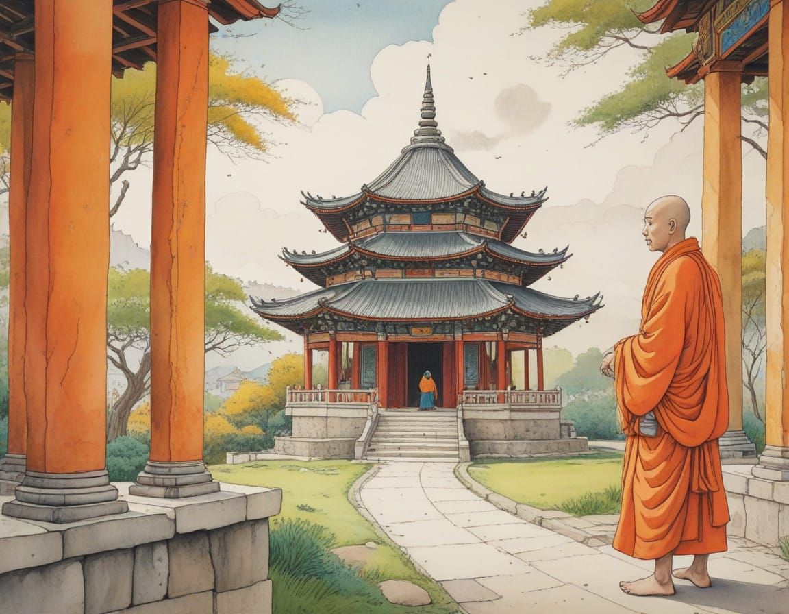 Buddhist Monk in Temple Sanctuary