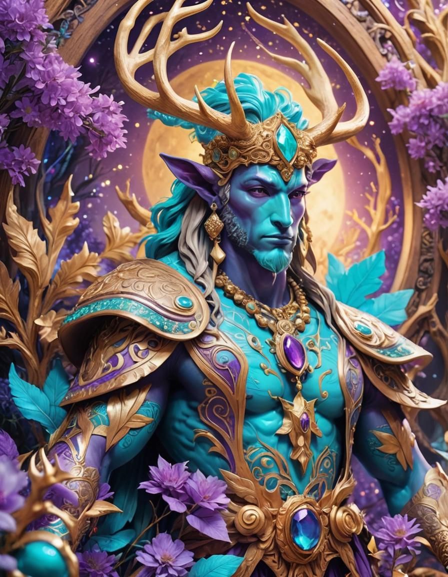 Turquoise Satyr in Bioluminescent Forest, Art Nouveau Style