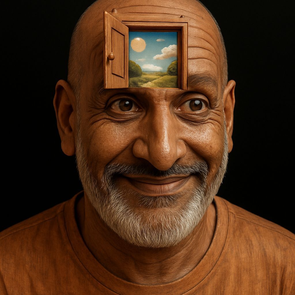 Surreal Wooden Head Sculpture Opens Door Revealing Happy Day