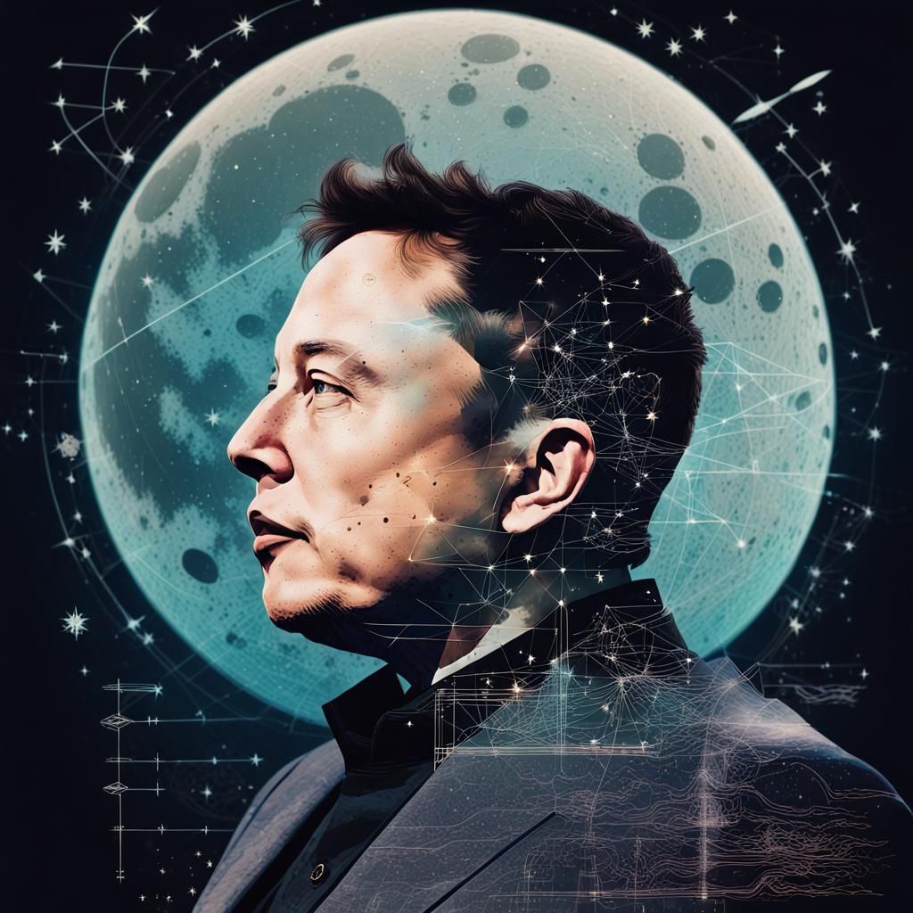 Surreal Double Exposure: Elon Musk Silhouette in Space