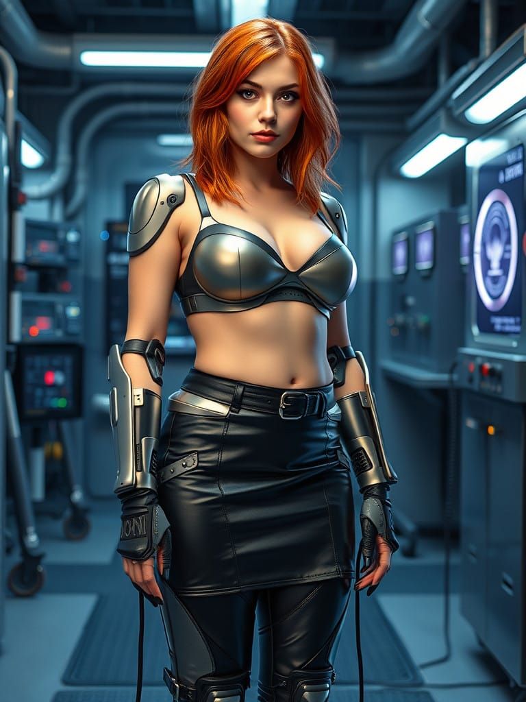Cyborg Woman Ready for Charge in Futuristic Lab