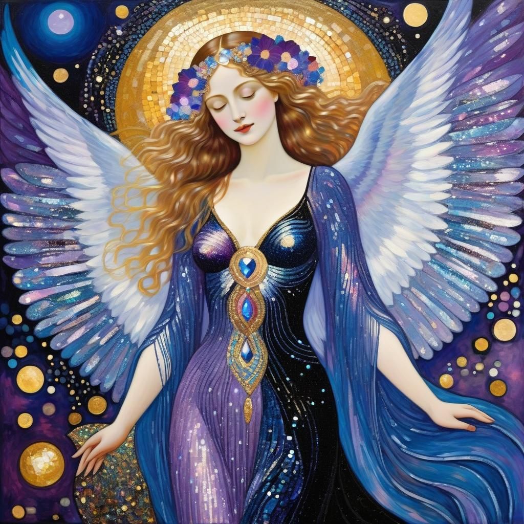 Goddess as Glittering Fallen Angel in Klimt-Renoir Style