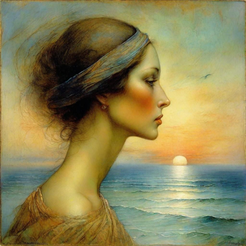Woman Staring at Ocean in Mystical Style