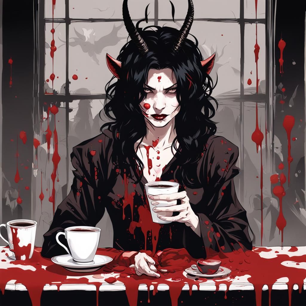 Smiling Female Demon Having Coffee