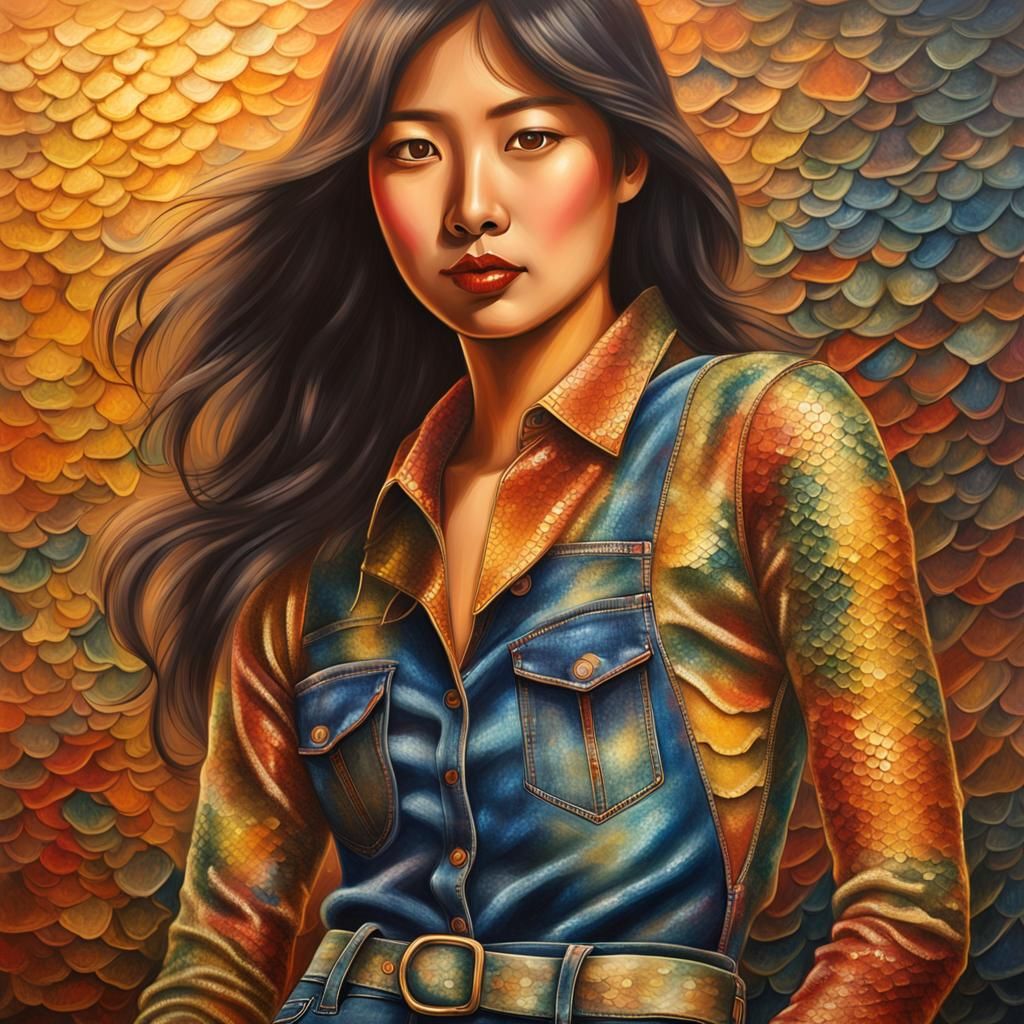 Asian Woman in Snakeskin Bodysuit, Oil Painting