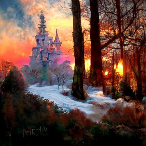 Ethereal Winter Castle Sunset in Fantasy Style