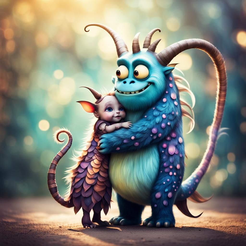 Magical Creature Hugs Toddler in Whimsical World