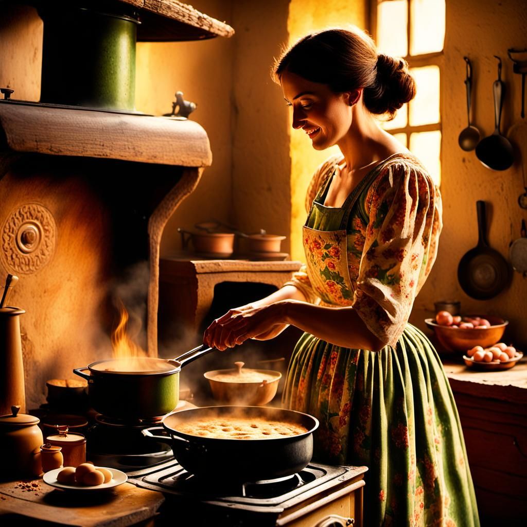 Italian Woman Cooks Soffritto in Renaissance Kitchen