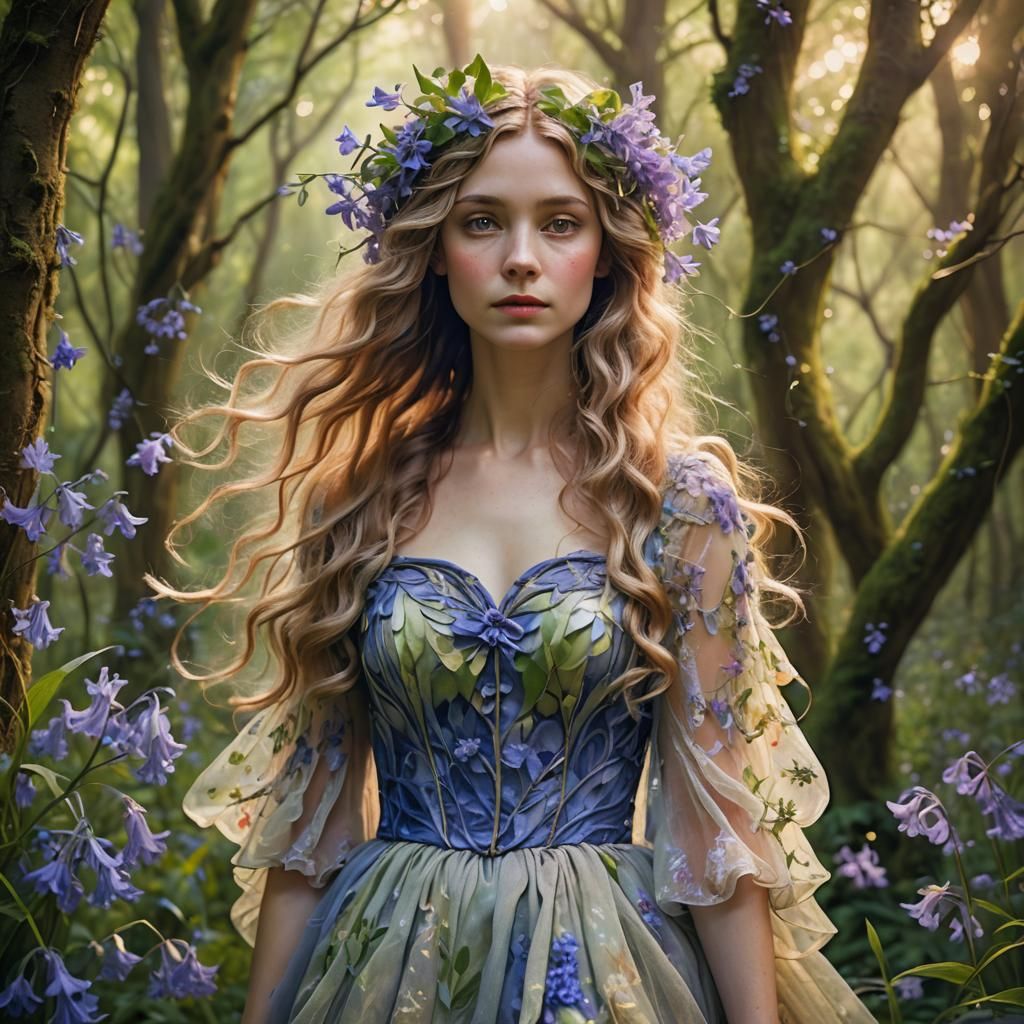 Bluebell Woman in Forest, Art Nouveau Portrait
