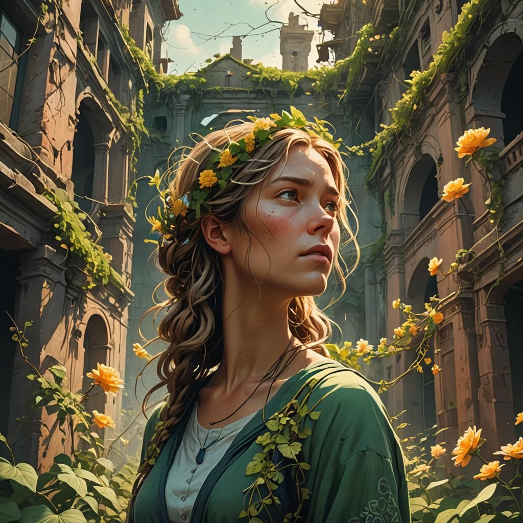 Mystical Woman in Ruined City: Fantasy Art