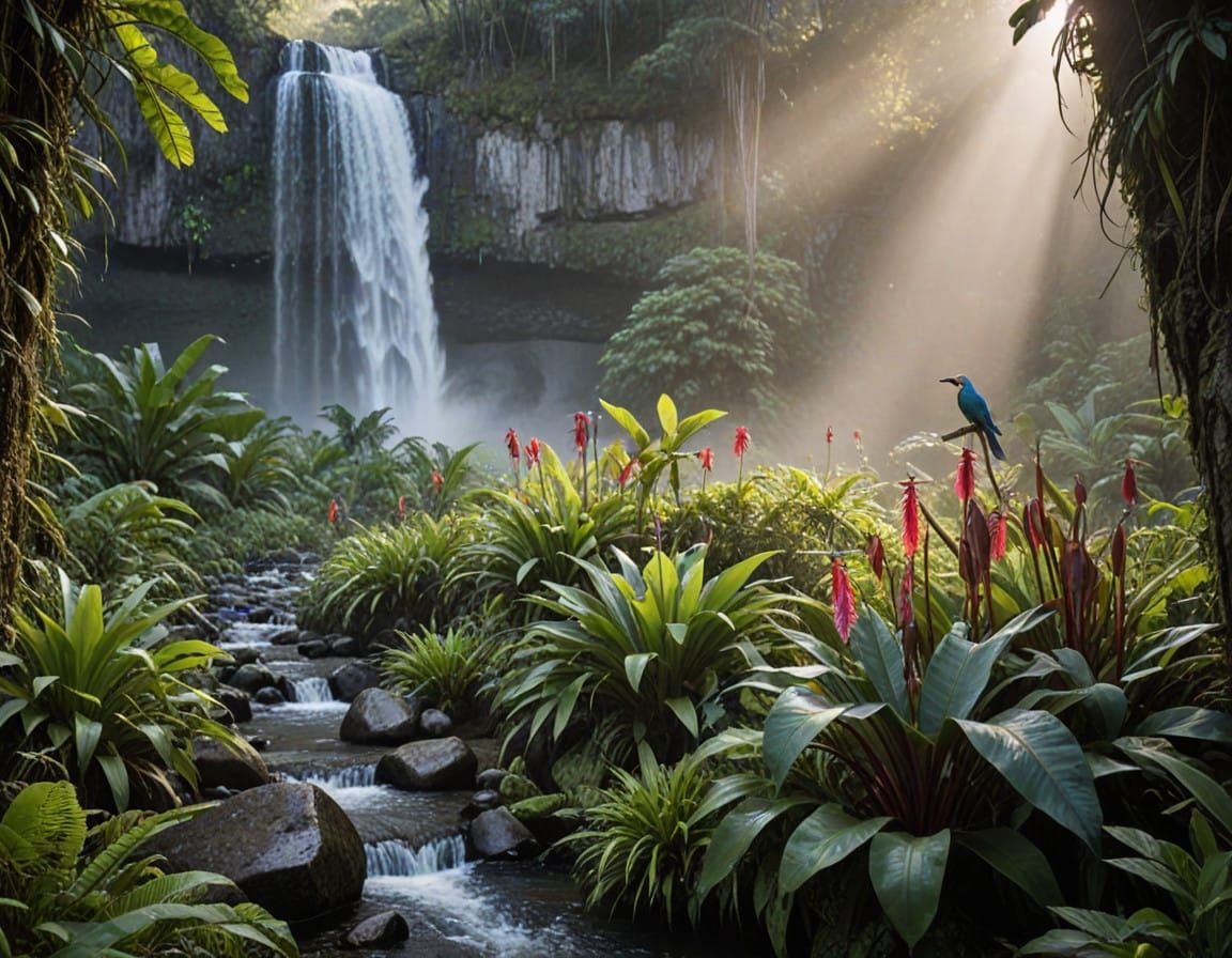 Vibrant Tropical Mountain Forest with Exotic Plants and Wate...