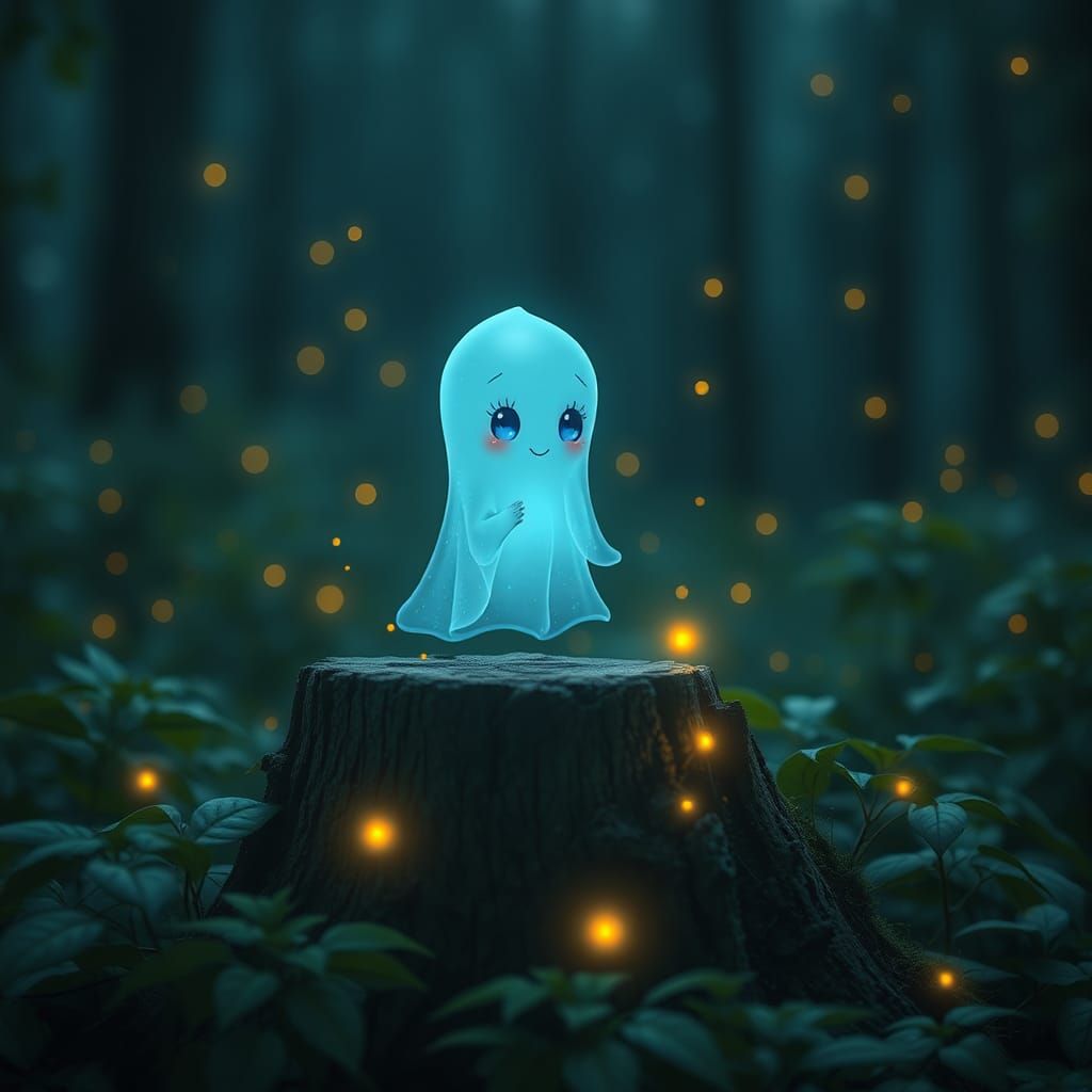 Translucent Blue Ghost in Mystical Forest, Digital Art