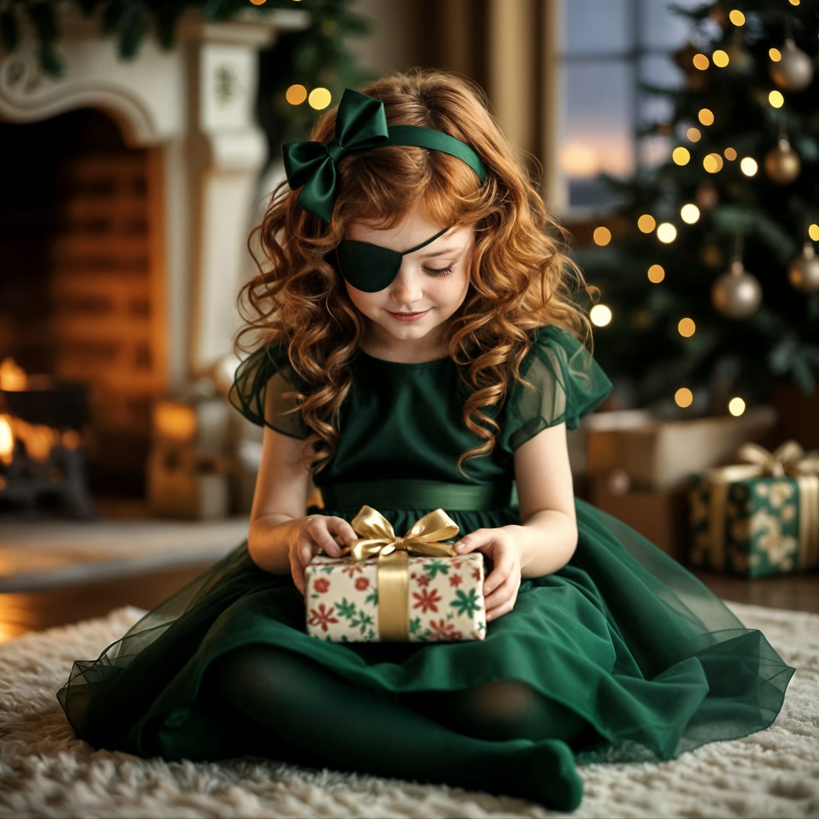 Christmas Eve Magic: Girl Opens Gift by Fireplace