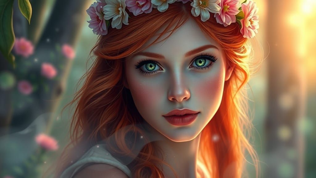 Red-Haired Woman in Ethereal Light with Flower Crown