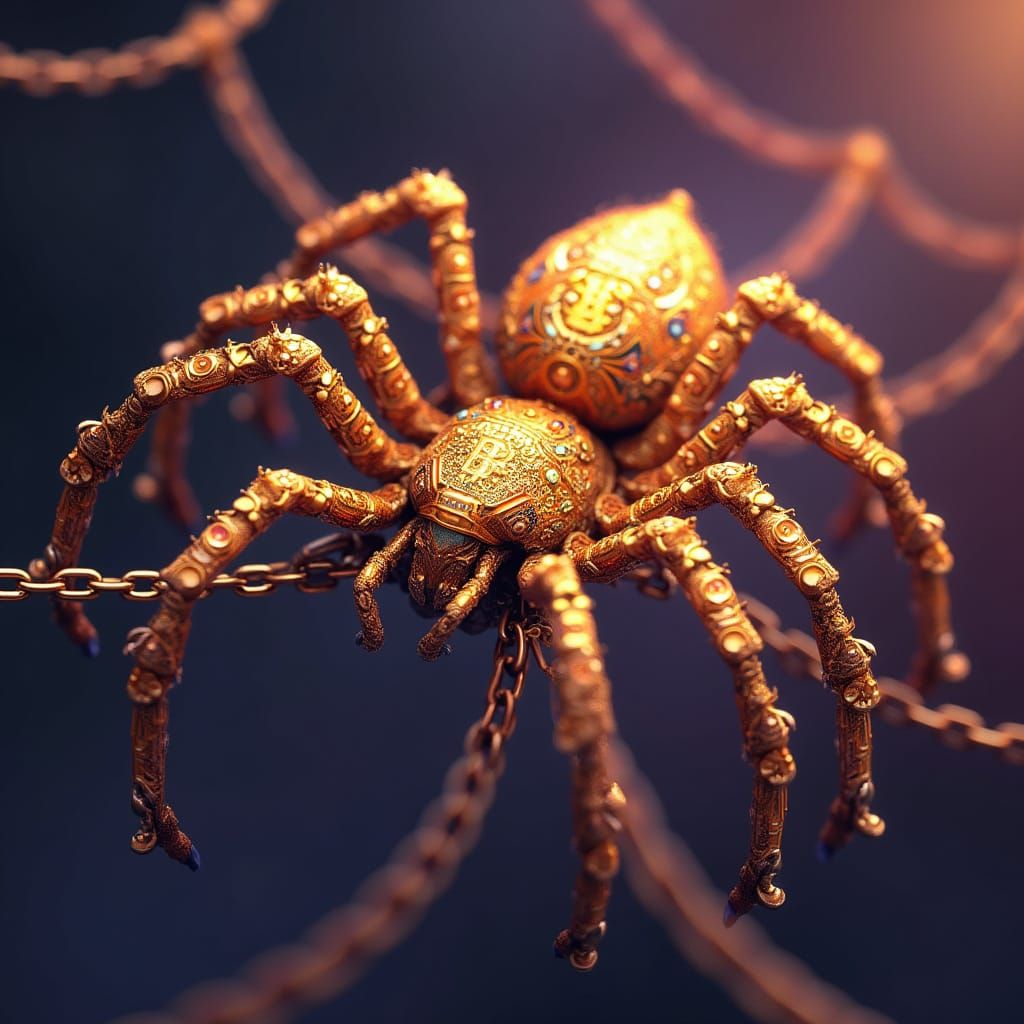 Cyberpunk Bitcoin Spider Weaves Golden Chain Web