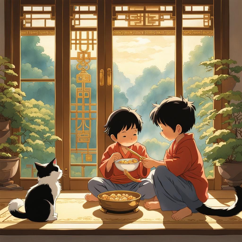 Toddler Feeding Cats in Traditional Dong Ho Style