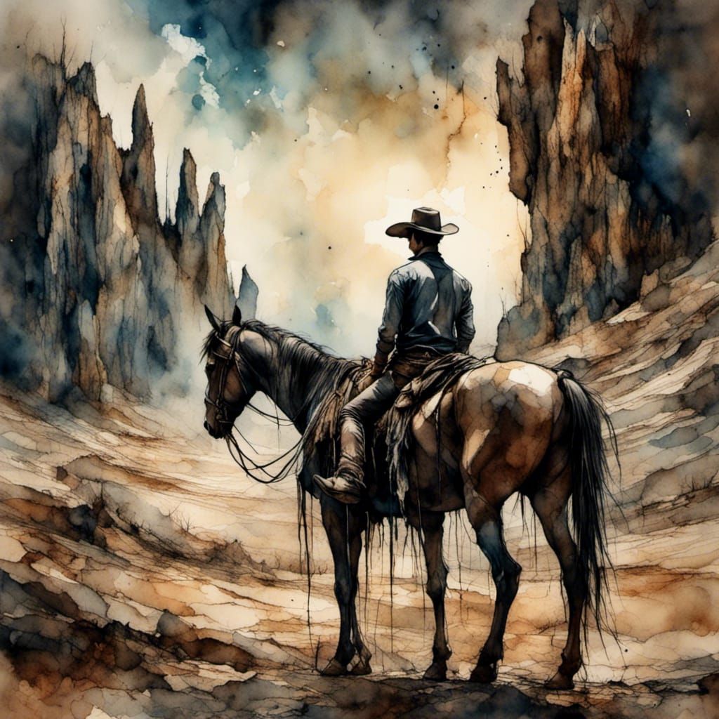 Handsome Cowboy and Horse in Vivid Desert Landscape