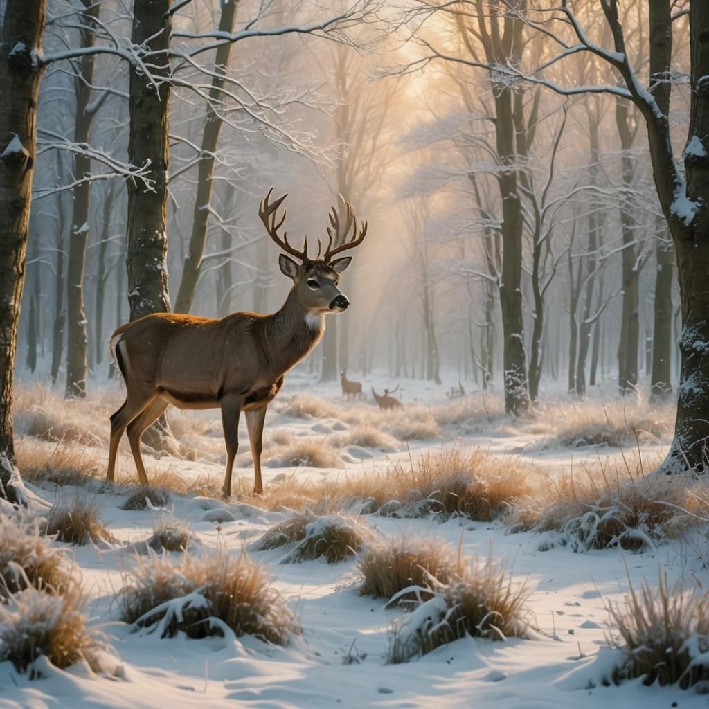 Deer in Snowy Forest: Impressionist Style