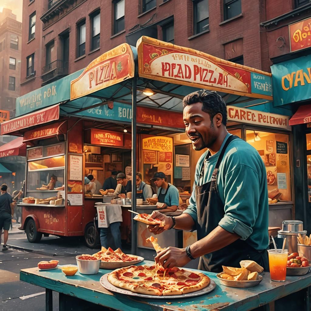 Street Vendor Offers Pizza in Watercolor Style