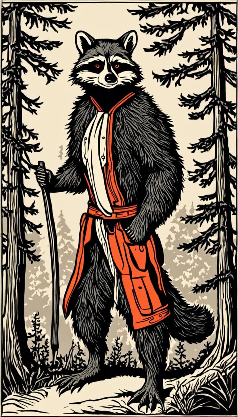 Raccoon Bigfoot in Alphonse Mucha Woodcut Style