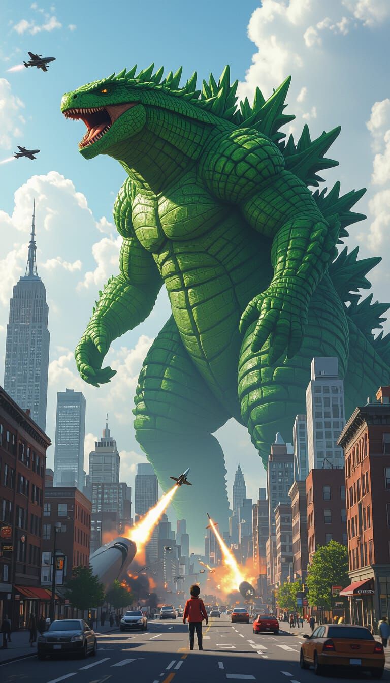 Giant Reptilian Monster Attacks Toy City Under Jet Fire