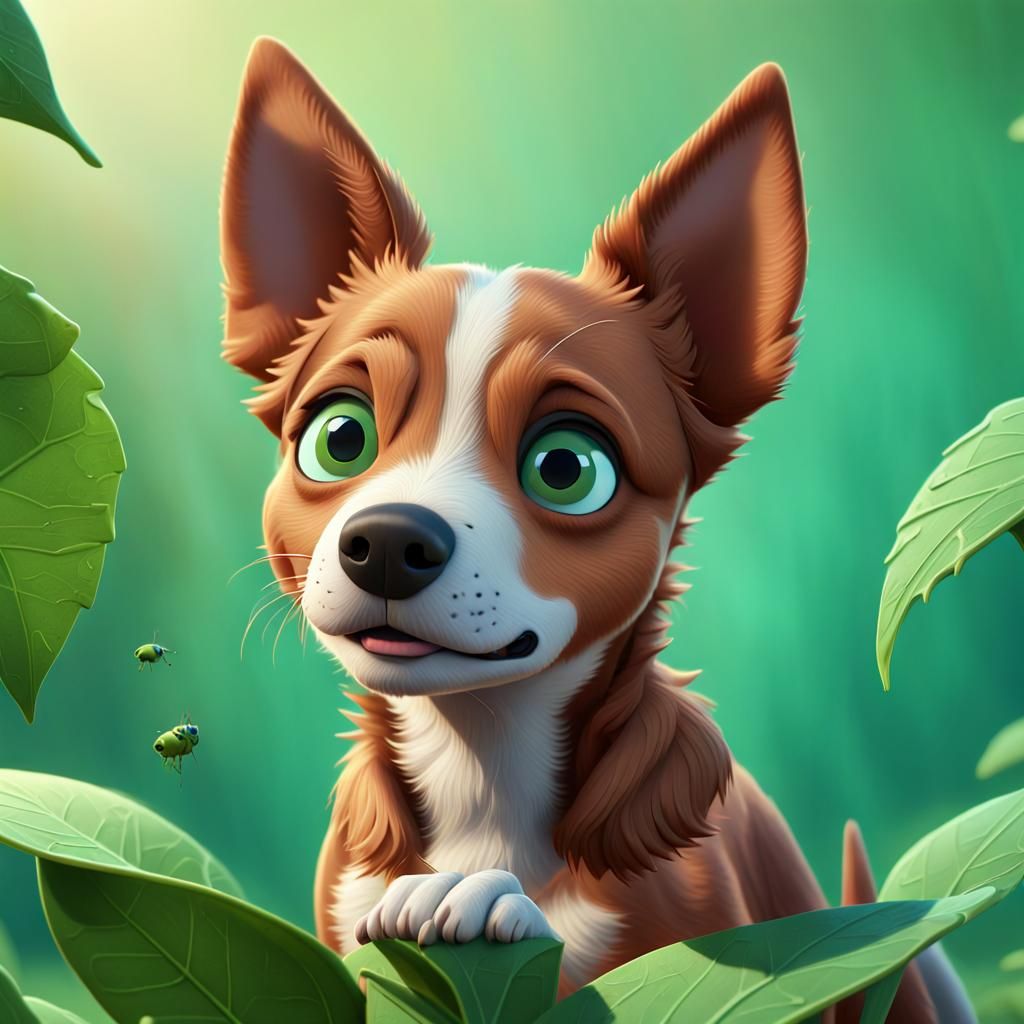 Bingo from Bluey Observes Leaf Insect: 3D Digital Art