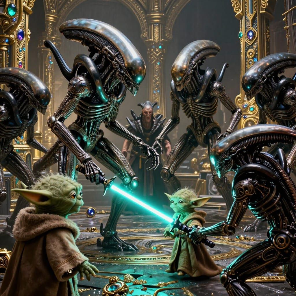 Xenomorph Terminator vs Yoda in Ruins
