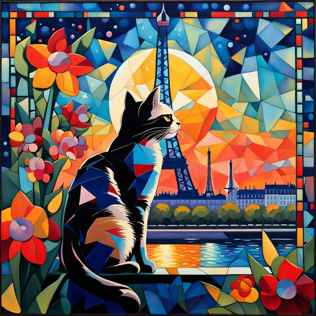 Cat Overlooking Moonlit Paris in Cubist Style