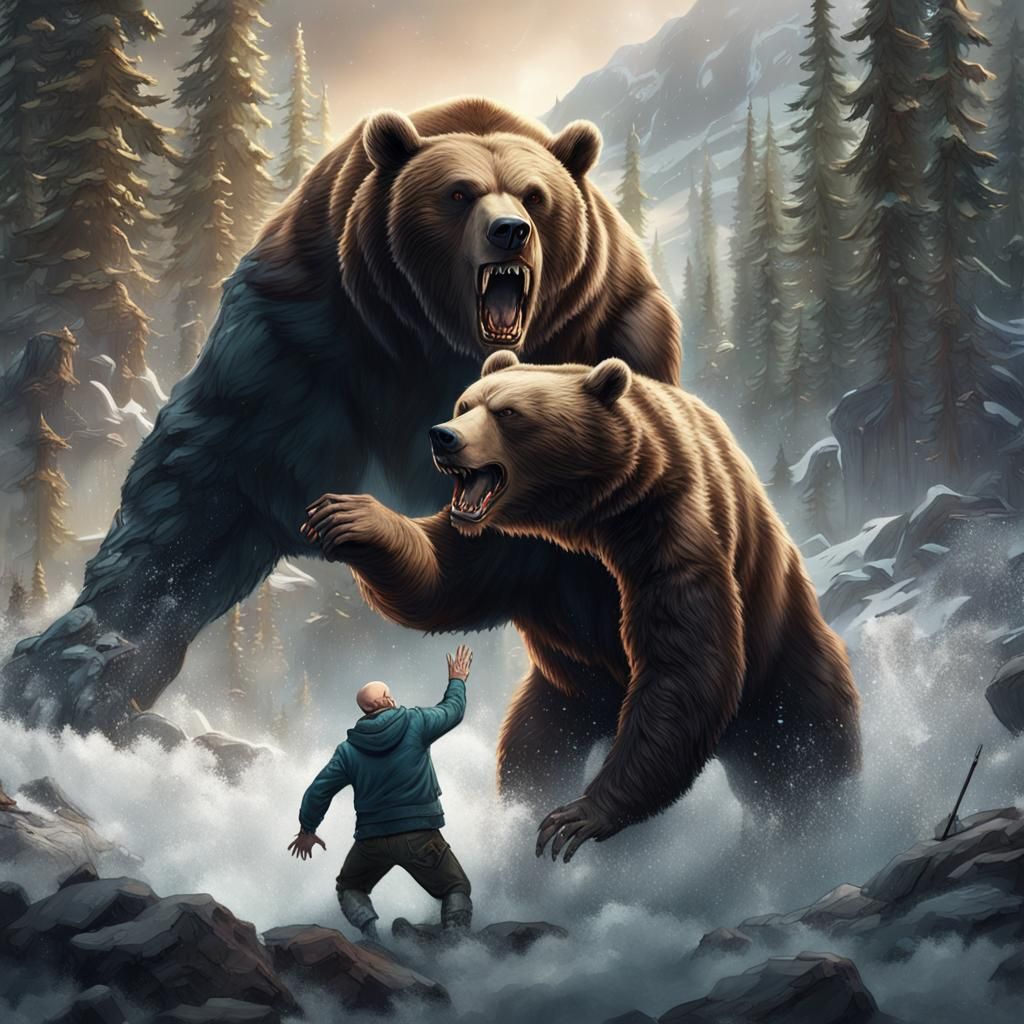 Detailed Painting of Bald Man Mauled by Bear