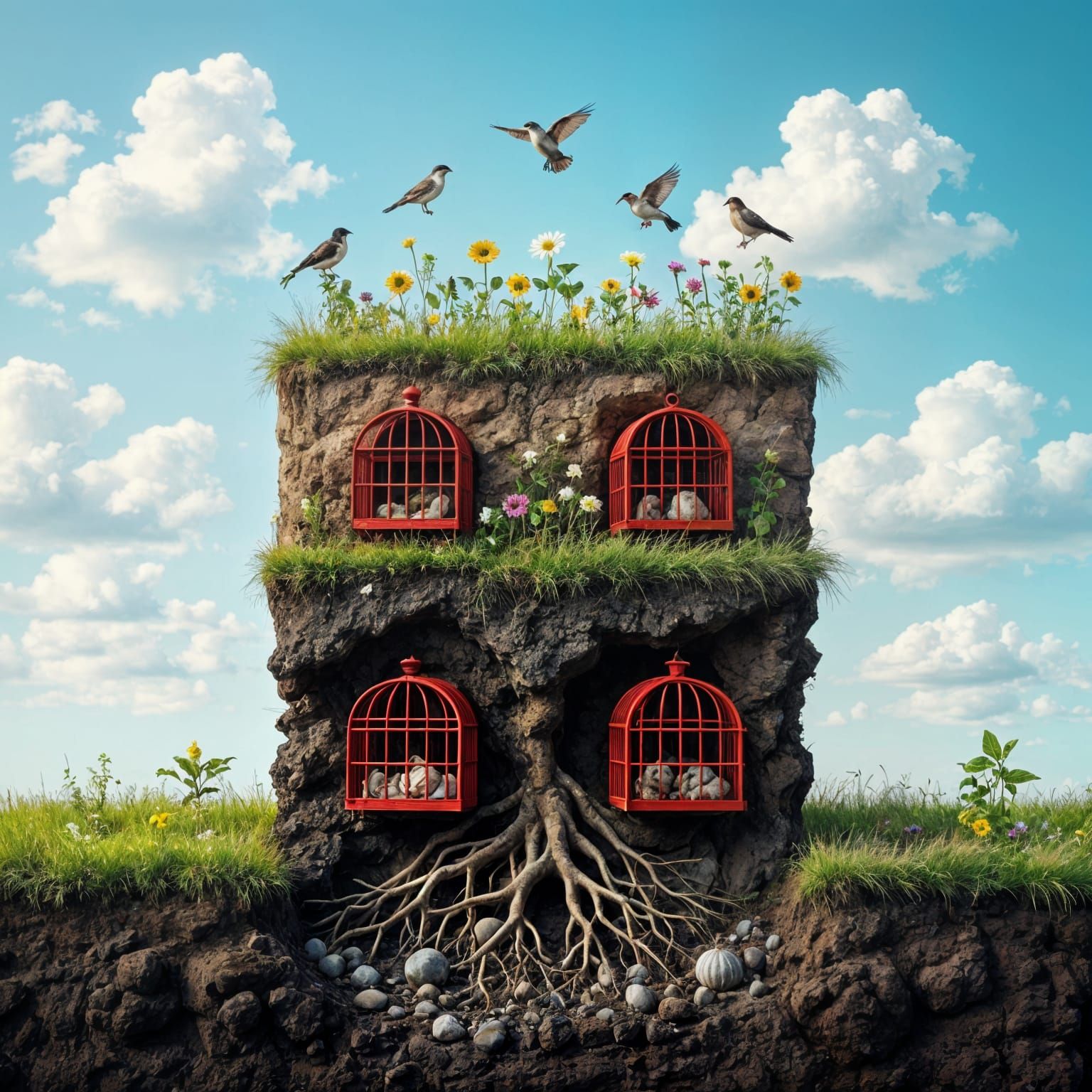 Vertical Earth Cutaway With Birdcages and Birds