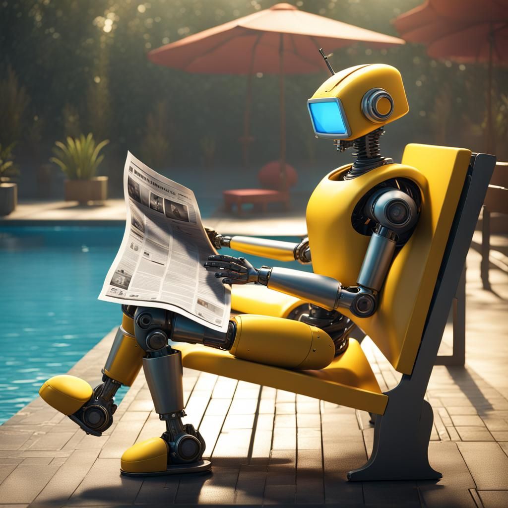 Robot Relaxation: Poolside News in Detailed Matte Painting