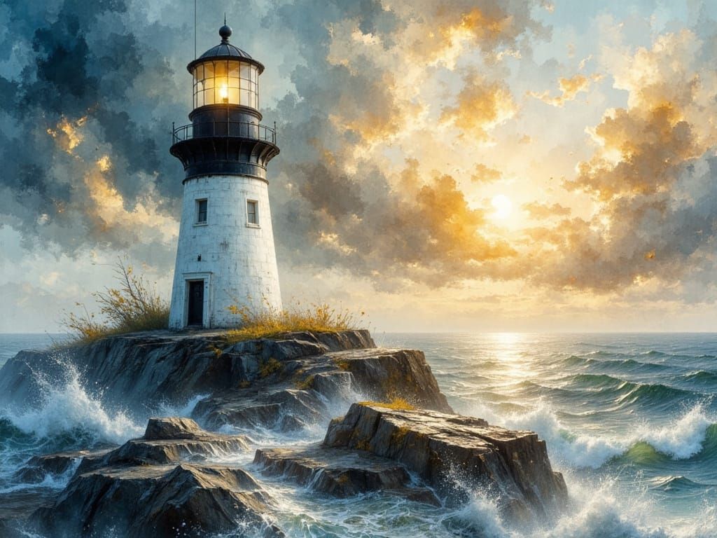 Lighthouse Overlooking Stormy Seas in Watercolour Style