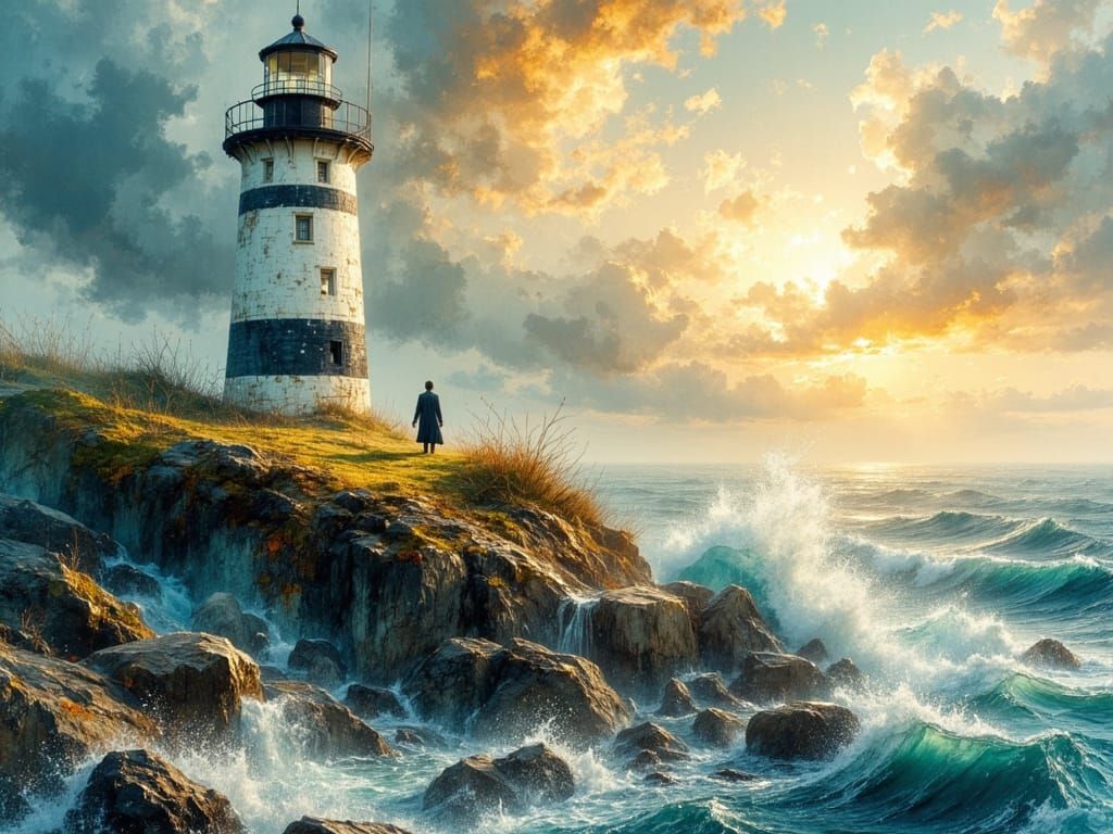 Dramatic Lighthouse Sunset in Watercolour Style