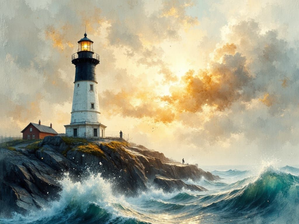 Lighthouse Over Stormy Seas in Dreamlike Watercolor Style