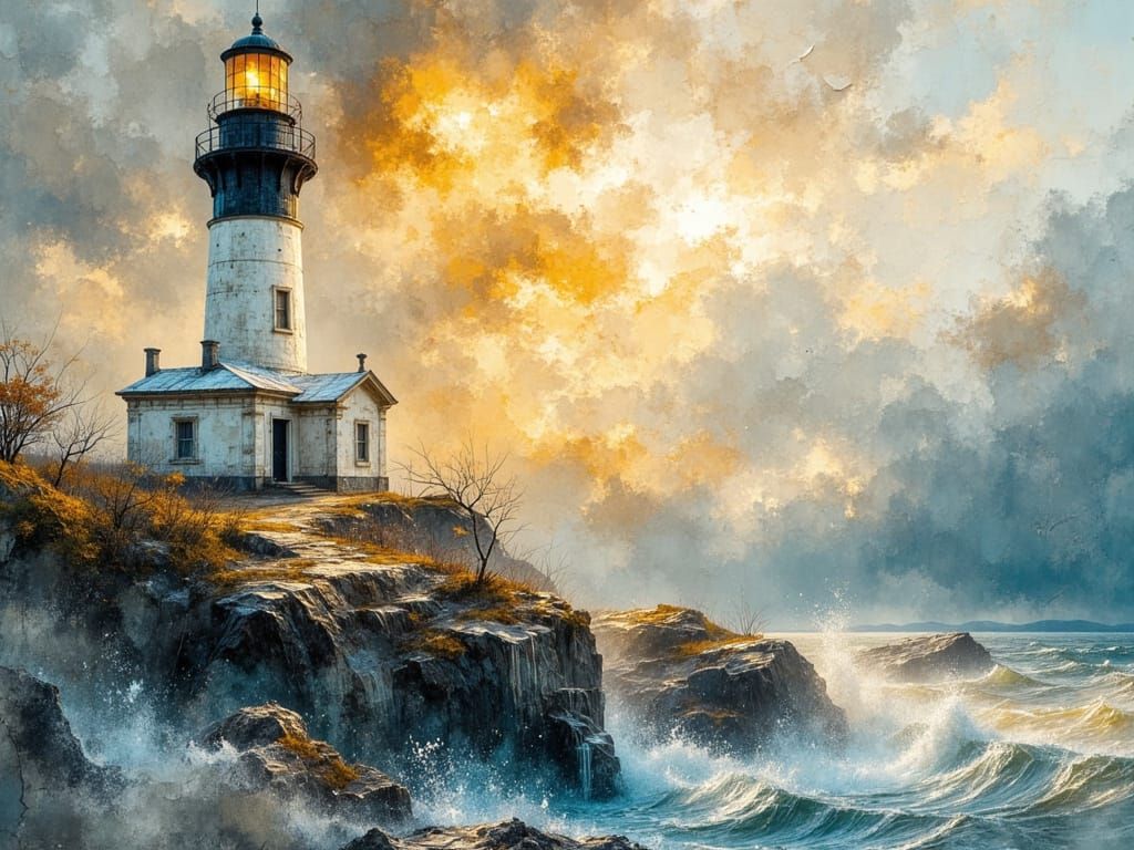 Lighthouse Over Stormy Seas in Watercolour Style