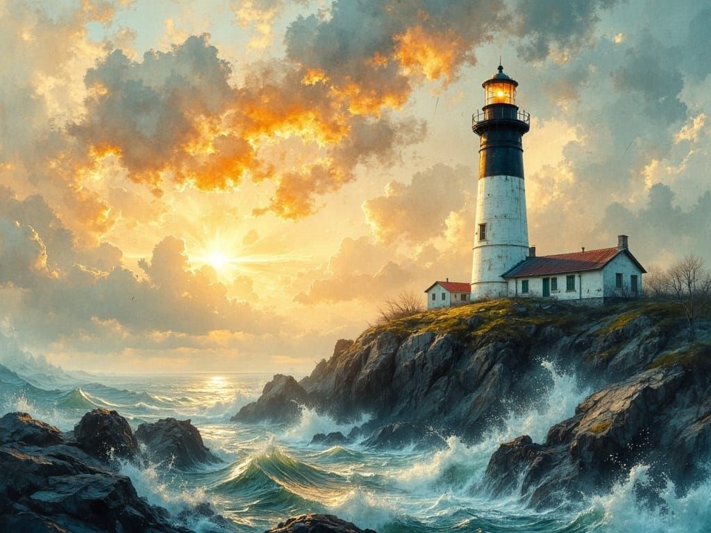 Lighthouse Over Stormy Seas in Watercolor Style